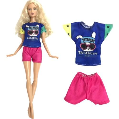 1 Set Vibrant Fashion Shirt Dress Dear Rabbit Pattern T-shirt + Bright Pink Shorts For Barbie Doll Birthday Gift Accessories 294