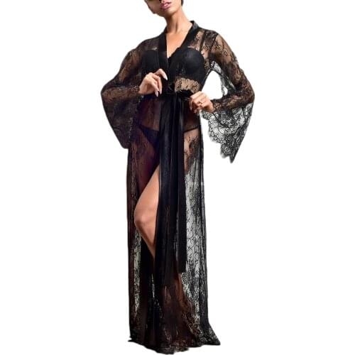 New Fashion Women Ladies Sexy Casual Long Sleeve Kimono Nightgowns Flower Lace Satin Waist Bandage See Through Pajamas Black Red