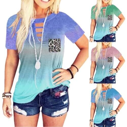 Summer Fashion Plus Size Tops Tee Women Gradient Color Short Sleeve Round Neck T-shirt Tee Top