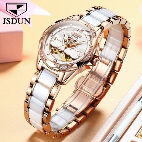 JSDUN Hot Selling Ladies Automatic Mechanical Watch Ceramic Strap Hollow Fashion Mechanical Waterproof Luxury Ladies Watch 8831