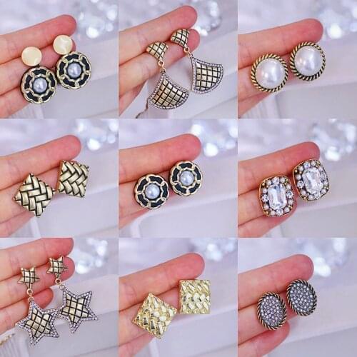 New Korean Statement Stud Earrings for Women Vintage Ancient Gold Color Geometric Earrings Brincos 2021 Fashion Pearl Jewelry