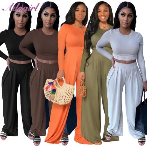 Women Autumn Two Piece Set Casual Solid Full Sleeve Crop Top T-Shirt Loose Bell Bottom Flare Pants Suit Outfit Joogers Tracksuit