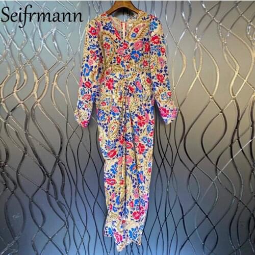Seifrmann New 2021 Autumn Women Fashion Runway Party Maxi Dress Lantern Sleeve Gorgeous Embroidery Elegant Floral Print Dresses