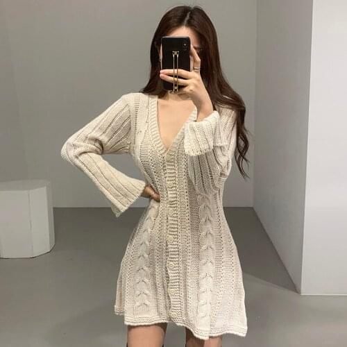 Korean New Style Vestidos Female V-neck Linen Pattern Single-breasted Knit Mini Dress with Split Cuffs KK813
