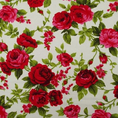 1 Yard Cotton Poplin Fabric for Sewing Patchwork, Dress, Cloth - Flowers and Leave (Red Flowers) (width=140cm)