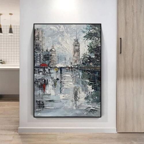 100% Hand Painted Oil Painting Abstract Nordic Building Canvas Landscape Art Modern Oil Painting For Home Wall Decoration