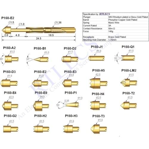 100pcs Bare PCB 2.54 mm Pitch Spring Test Probe P160 Testing Pin 24.5 mm Length 1.36 mm Diameter Gold plated TIP styles to order
