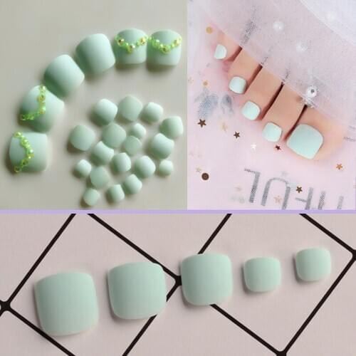 24PCS Green acrylic fake toenail square embossed Girl Nail custom Rhinestone matte girl false toenail
