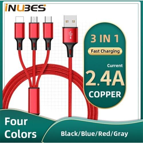 3 IN 1 2.4A Nylon Micro USB Cable For iPhone Huawei Xiaomi Type C Fast Charging Cable For Samsung Nokia USB Cables Cords Wire