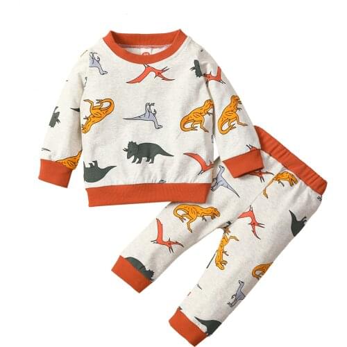 FOCUSNORM 0-4Y Autumn Kids Boys Clothes Sets 2pcs Dinosaur Printed Long Sleeve Pullover Sweatshirt Tops Pants