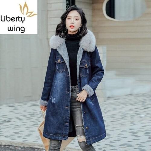 Hot Sale Winter Warm Fleece lining Faux Fur Collar Women Overcoats Frayed Single Breasted Loose Medium Length Denim Long Jackets
