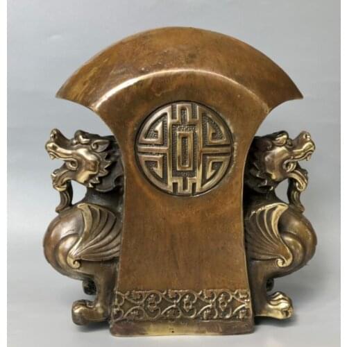 China brass archaize double mythical wild animal ax crafts statue