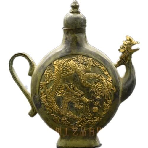 Chinese Old Bronze Gold gilt Carved "Dragon and Phoenix" Tea Pot /Asian Antiques teapot