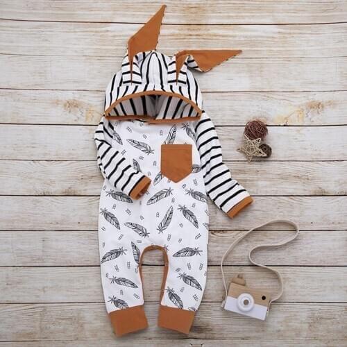 TELOTUNY Newborn Infant Baby Girl Boy Feather Print Striped Romper Jumpsuit with Pocket Clothes Hat Set Autumn baby clothes
