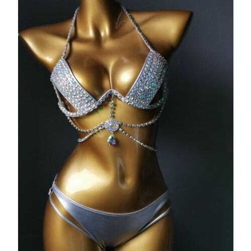 Rhinestones Bikini Adult DJ Pole Dancing Costume Nightclub Bar Party Rave Silver Crystals Bra Shorts 2PCS Sexy Dancer Stage Wear