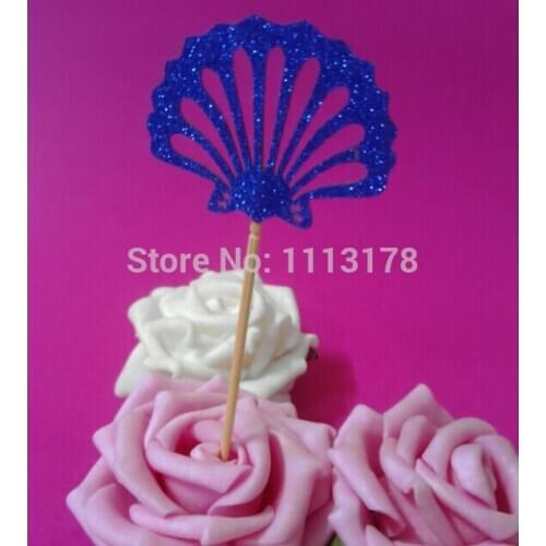 Royal blue Glitter Cupcake Toppers - bridal shower cupcake toothpicks party ocean wedding seashell birthday cupcake topper