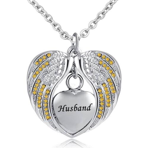 Husband Angel Wing Urn Necklace for Ashes Cremation Memorial Stainless Steel Heart Keepsake Birthstone Crystal Pendant Necklace