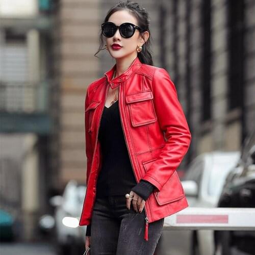 2020 new spring and autumn leather jacket with long womens sheepskin locomotive slim leather jacket coat size