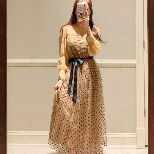 2020 New Retro Mesh Gauze Dress Polka Dot Puff Sleeve High Waist Pleated Dresses Sexy See Though Lace-up Women Party Dress