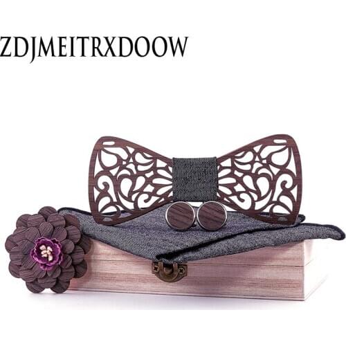 New design Dark Grey Black Wood Bow Tie Butterfly Type Floral Bow ties Brooch Cufflinks Geometric Wooden Hollow Casual Bow ties