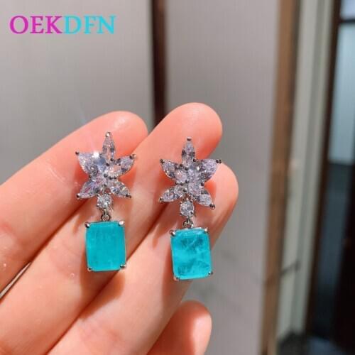 OEKDFN Real 925 Sterling Silver Drop Earrings Created Moissanite Paraiba Tourmaline Gemstone Ears Dangle Fine Jewelry Wholesale
