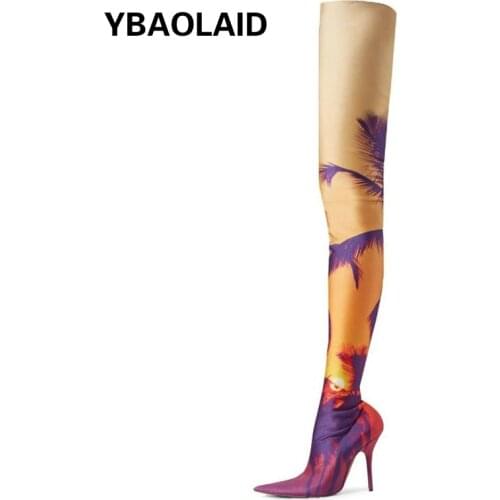Autumn New Style Prairie Pattern Stiletto Over-the-knee Fashion High-heeled Boots with Pointed Apricot Tree Print Print