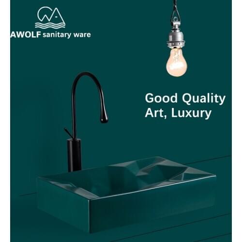 Bathroom Sinks Art Basin Ceramic Vessel Sink Above Counter Green Black white Diamond Geometry Shapes With Drain Solf Hose AM806