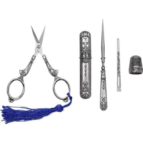 Retro Vintage Embroidery Exquisite Scissors Needle Case Sewing Thimble Awl Needlework Tools Handcraft Scissors