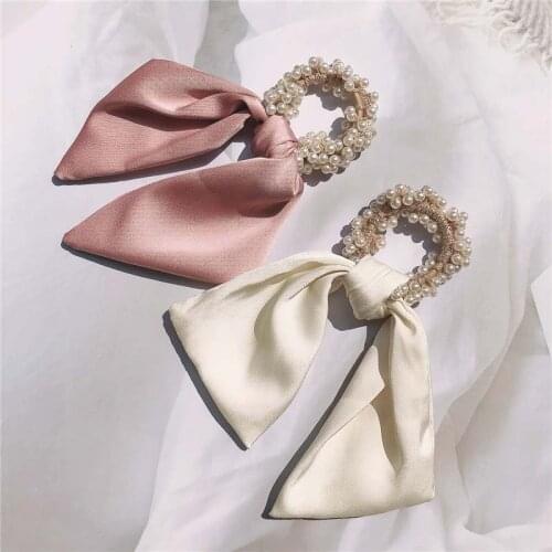 Pearl Bow Streamers Hair Rope Knotted Fashion Hair Accessories Women Solid Color Ponytail Holder Elastic Beaded Rubber Hair Ties
