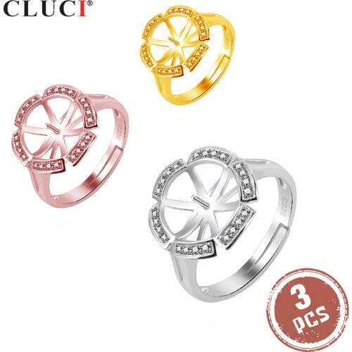 CLUCI 3pcs Silver 925 Round Zircon Pearl Rings Mounting Adjustable Rings Jewelry Silver 925 Women Open Rings Jewelry SR2096SB