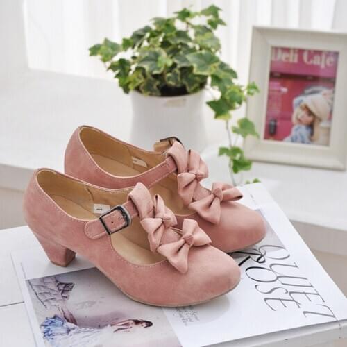 Lolita Shoes Pink Woman Sweet T Strap Heels Pumps Buckle Strap Mary Jane Block Heel Women Shoes Cute Bow Cosplay Shoes Plus Size