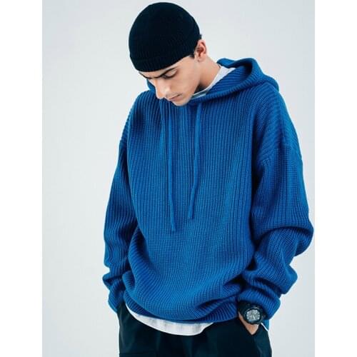 Autumn Winter Knitwear Blue Sweater Men Loose Oversized Sweater Boys Vintage Cute Casual Sportswear Knitted Hooded Pullover XXL