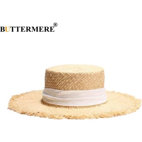 BUTTERMERE Brand Women Boater Raffia Straw Sun Hat Ladies Spring Summer Wide Brim Fashion Casual Lace-Up Ladies Beach Flat Cap