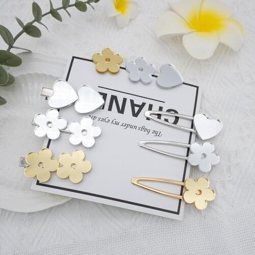 Women Hair Accessories Jewelry Korean Mirror flower Barrette Love Hearts Hair Clips For Girls Hairpins Duckbill clip