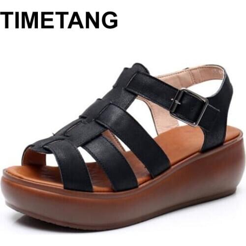 TIMETANG2020 Genuine Leather Gladiator Sandals for Women Wedge Sandals Ladies High Heel Casual Platform Sandals Summer Shoes