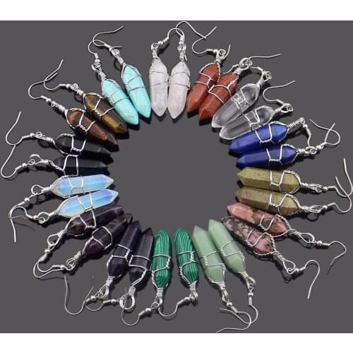 Wired Wrap Natural Stone Earrings Bullet Pendulum Dangle Lapis Amethysts Purple Quartz Pink Crystal Earrings Women Reiki Healing