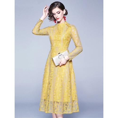 Elegant Design Female Office O Neck Long Sleeve Patchwork Hollow Out Lace Fairy Dress Women Sweet Crochet Flower Long Dress