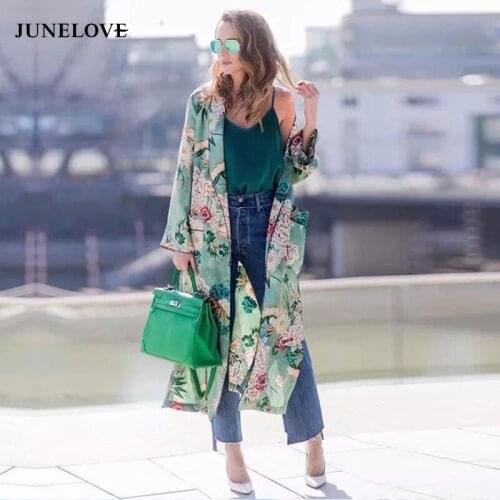 JuneLove 2019 Floral print dress kimono Vintage dress Women sashes pocket Nightgowns & Sleepshirts shirt dress
