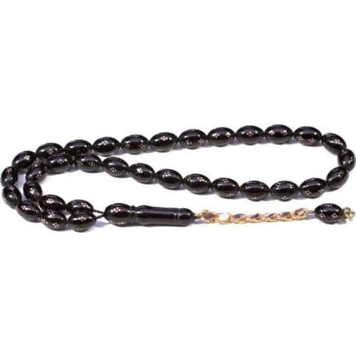 Gold Embroidered Natural Jet Stone Prayer Bead With Silver Barley Cut Tassel Men Rosary Islamic Tasbih With Gold Ornate Tassel