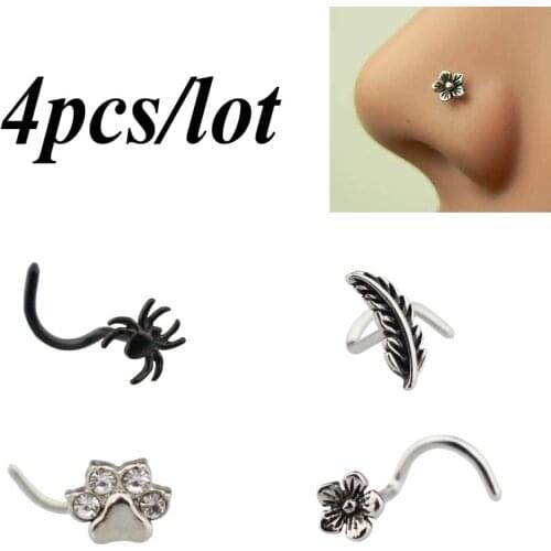 1-4pcs Copper Nose Stud Piercing Set Ring Stainless Steel Flower Spider Bone Nariz Rings Feather Paw for Women Body Jewelry 20G