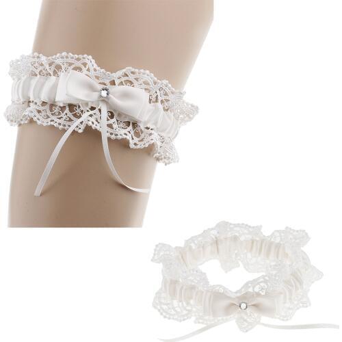 2pcs Delicate Beige Lace Floral Crystal Bowknot Wedding Garters Costume Prop