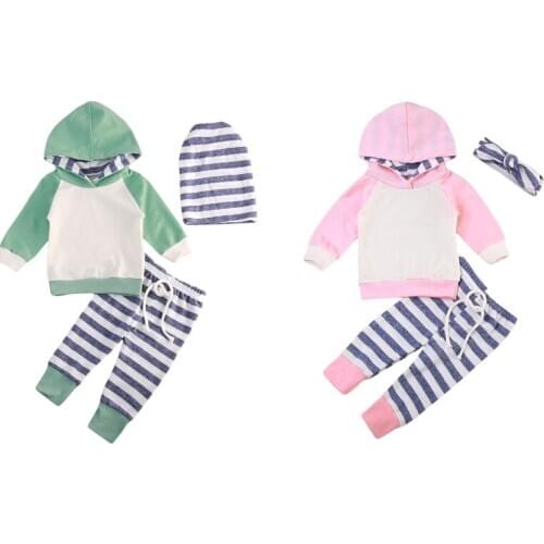 3PCS Newborn Toddler Baby Boy Girl Hooded Sweatshirt Top Striped Pant Cap Headband Outfits Set Casual Clothes