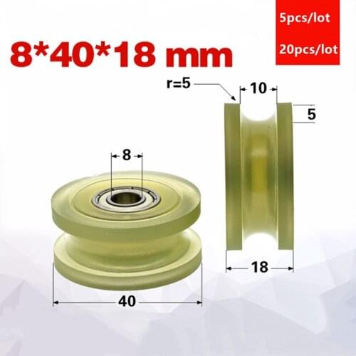 5pcs/20pcs 8*40*18mm U type groove PU polyurethane coated pulley double 698zz bearing soft rubber r5 guide wheel 10mm optic axis