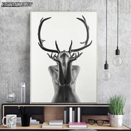 Model Abstract Canvas Painting Nordic Simple Black and White Antlers Woman Art Print Poster Wall Picture for Room Decoration