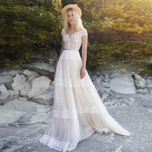 Bohemian Lace Wedding Dresses 2021 A-Line Champagne/Ivory Boho V-Neck Long Bridal Dress with Belt Cap Sleeves Sweet Princess New
