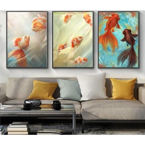 CHENISTORY 3PC Frame Oil Painting By Numbers For Adults Gold Fish Animal Paint Kits Handmade Unique Gift Modern Home Wall Decor