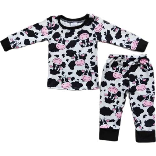 RTS Wholesale baby clothing pajamas cow print cute fall long sleeve tee shirt legging pants boutique outfits 2pcs sleepwear sets