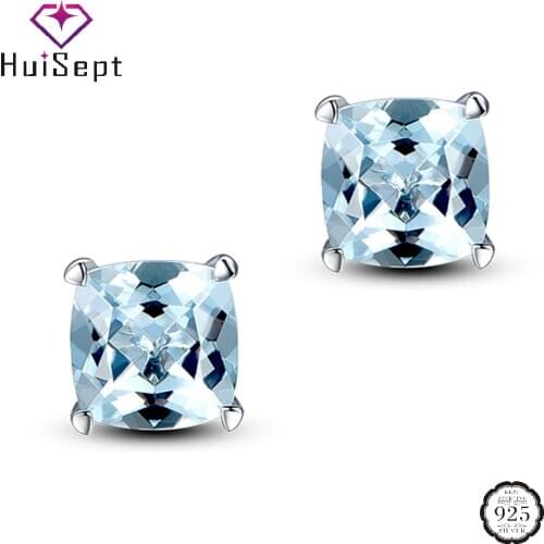 HuiSept Trendy Earrings 925 Silver Jewelry Square Sapphire Gemstone Stud Earring Accessories for Women Wedding Engagement Party