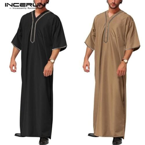 INCERUN Men Vintage Half Sleeve Muslim Kaftan Robes Leisure V Neck Printed Jubba Thobe Solid Patchwork Arabic Clothes Plus Size7