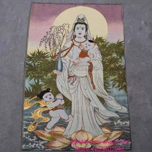 Religious Buddhism Guanyin Bodhisattva image silk embroidery Guanyin send son hanging picture